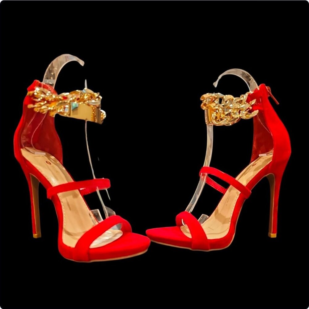Red High Heel Sandals With Gold Chain Ankle Strap